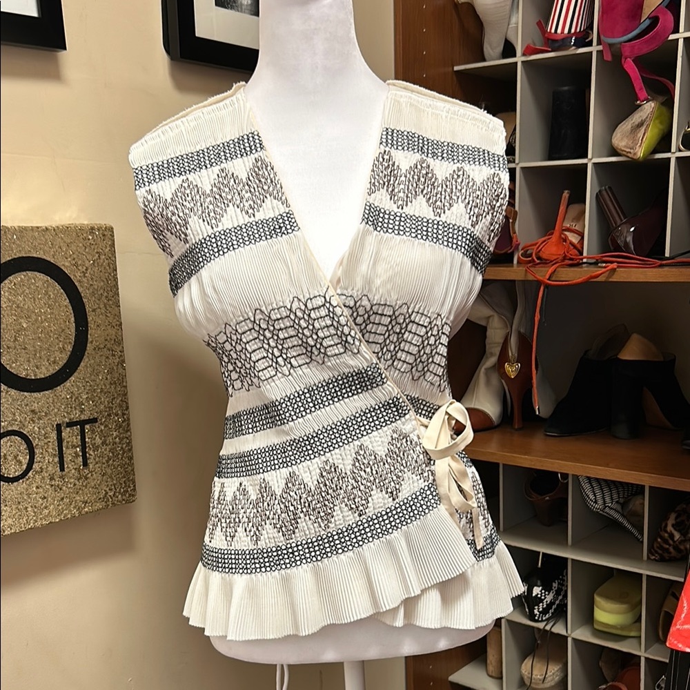 Tory Burch Cream and Gray Wrap Blouse